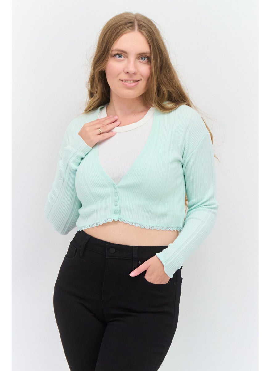 Bershka Women V-Neck Long Sleeves Knitted Cardigans, Mint Green  - Image 1