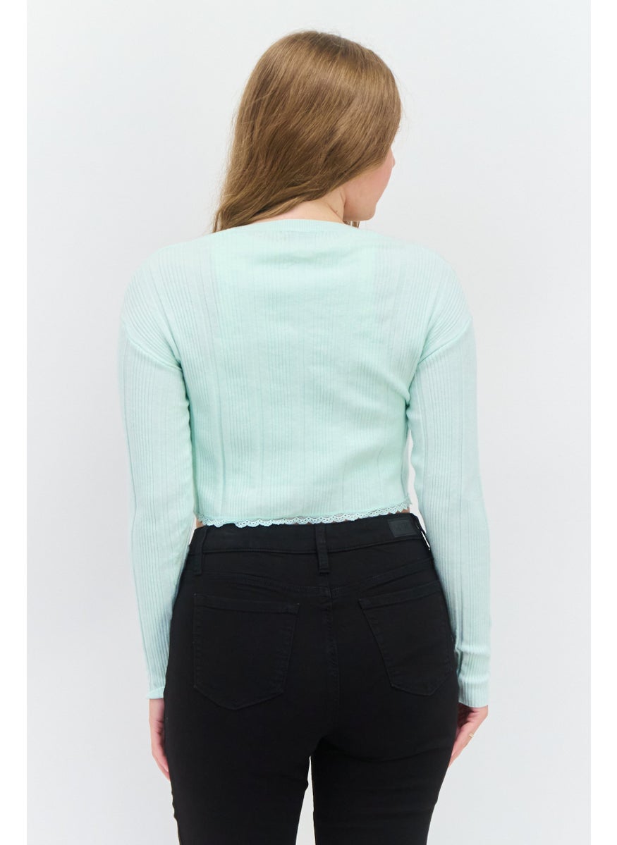 Bershka Women V-Neck Long Sleeves Knitted Cardigans, Mint Green  - Image 2