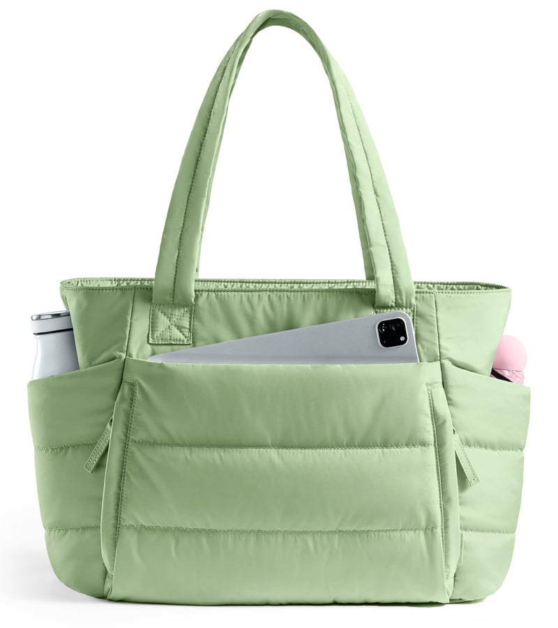 Uselike Tote Bag for Women with Zipper, Quilted Puffer Tote Bag with Compartments, Lightweight Puffy Work Bags for Women Travel (Foam Green) - Image 1