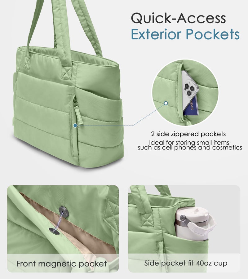 Uselike Tote Bag for Women with Zipper, Quilted Puffer Tote Bag with Compartments, Lightweight Puffy Work Bags for Women Travel (Foam Green) - Image 3