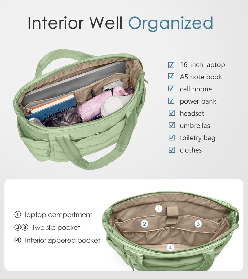 Uselike Tote Bag for Women with Zipper, Quilted Puffer Tote Bag with Compartments, Lightweight Puffy Work Bags for Women Travel (Foam Green) - Image 4