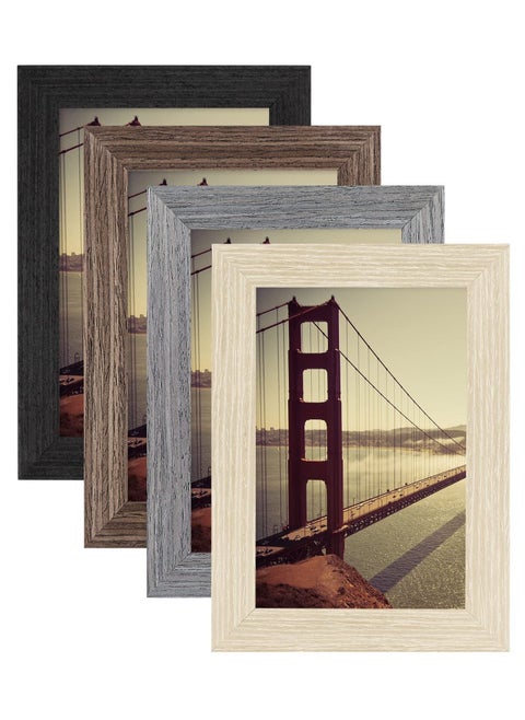 SYOSI 4x6 Picture Frame Made of Tempered Glass and Composite Wood for 3.5x5 photo with Mat or 4x6 photo Without Mat, Wall or Table Mounting for Rustic Home Decor, set of 4, Black, Oak, Brown, Grey