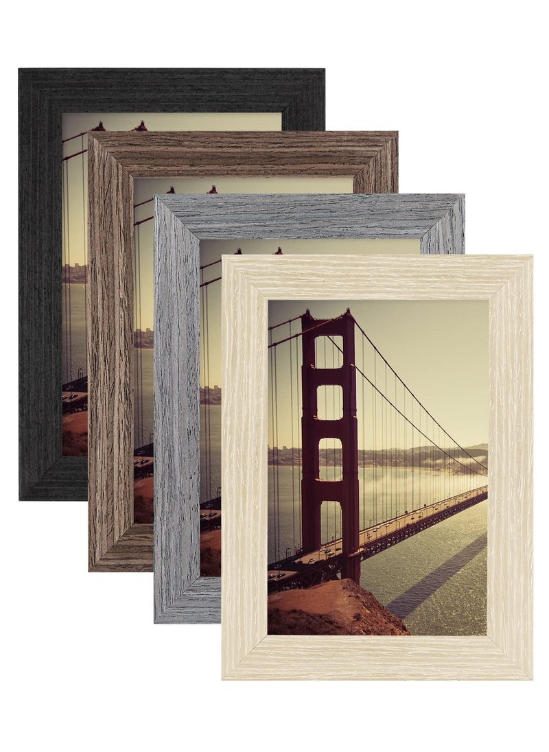SYOSI 4x6 Picture Frame Made of Tempered Glass and Composite Wood for 3.5x5 photo with Mat or 4x6 photo Without Mat, Wall or Table Mounting for Rustic Home Decor, set of 4, Black, Oak, Brown, Grey