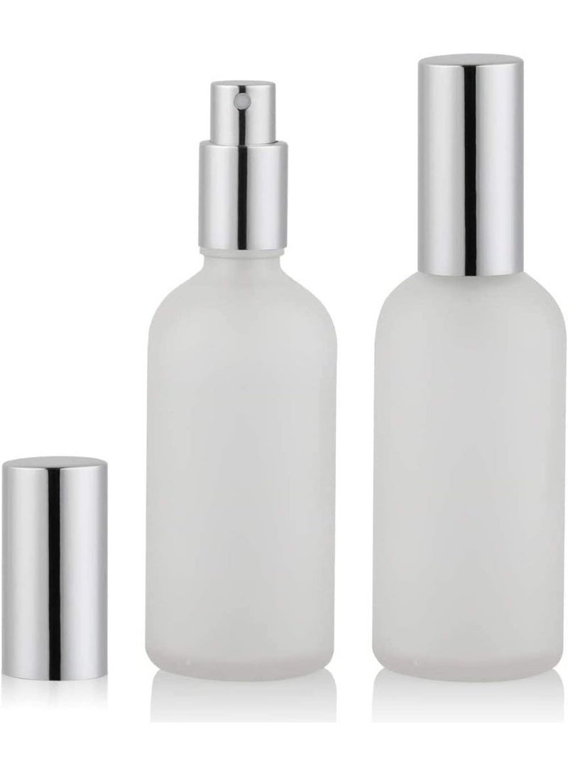 2 Pcs 100ml Frosted Glass Spray Bottles, Refillable Mist Sprayer with Cap, Leak Proof Portable Travel Bottles for Perfume, Essential Oils, Toner, Hair Spray, Silver - Image 1