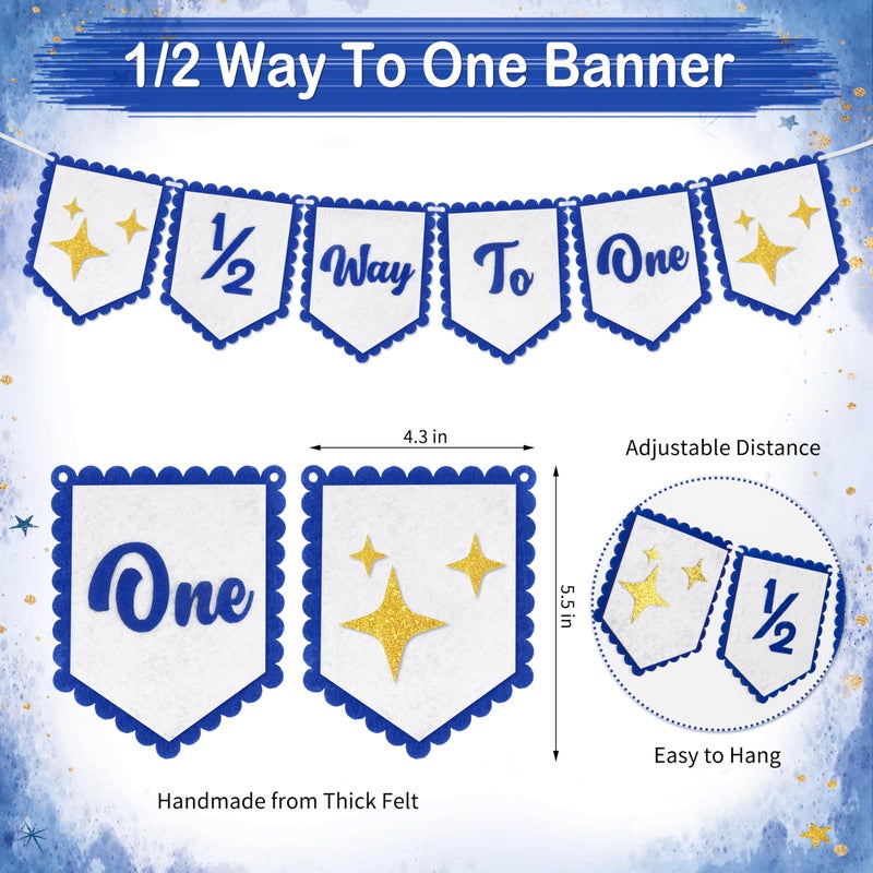 THAWAY 1/2 Birthday Blue Half Birthday Decorations - Blue Star It's My 1/2 Birth Banner, Glitter Cake Topper Tassel Wood Bead High Chair Banner & Crown, Hat Halfway to One Boy Girl Party Supplies - Image 2