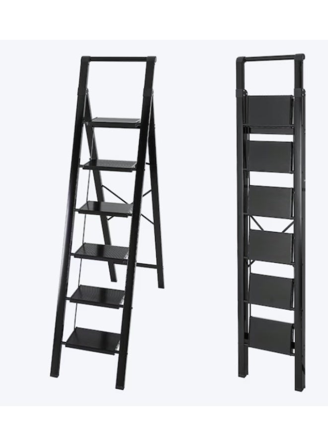 eBasket 6-step folding ladder made of durable metal, supports up to 150 kg, sturdy multi-purpose small stool for adults, kitchen ladder for home and closet, black - Image 1