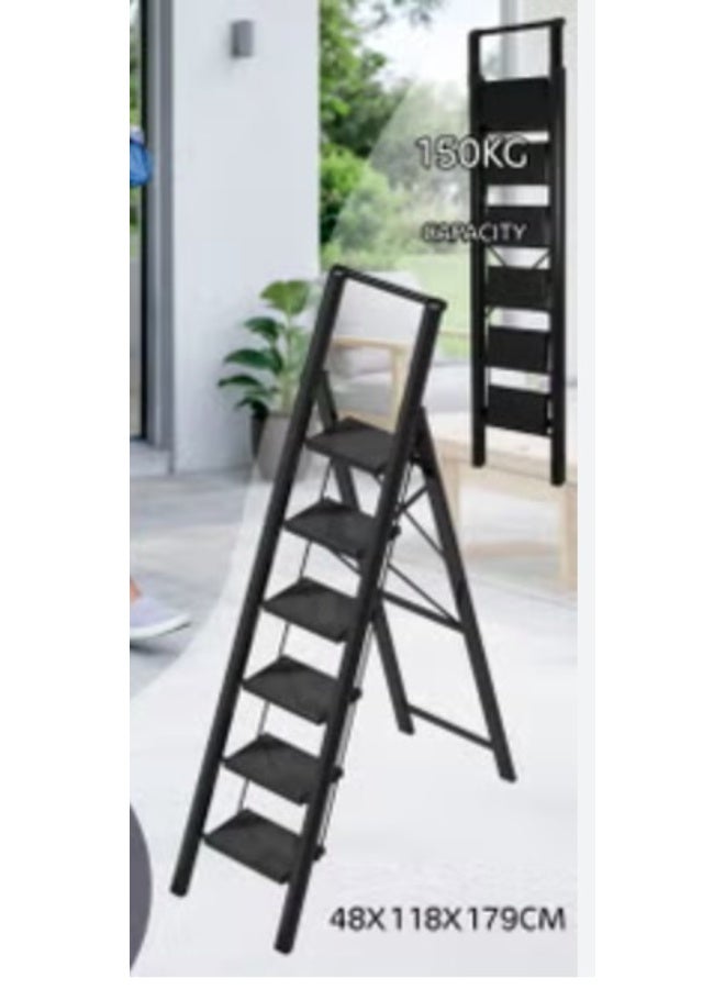 eBasket 6-step folding ladder made of durable metal, supports up to 150 kg, sturdy multi-purpose small stool for adults, kitchen ladder for home and closet, black - Image 3