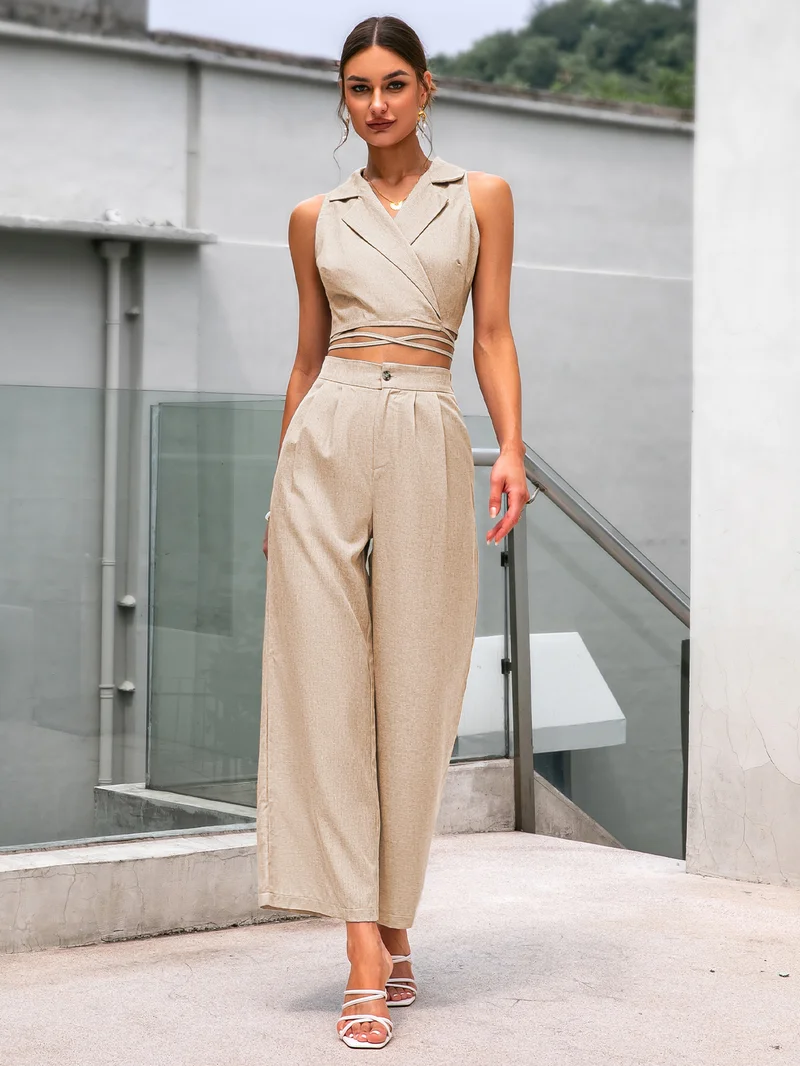 Simplee V Neck Sleeveless Cross Crop Top & High Waist Wide Leg Trousers Set, Waist Defined Modest Co-ord Set