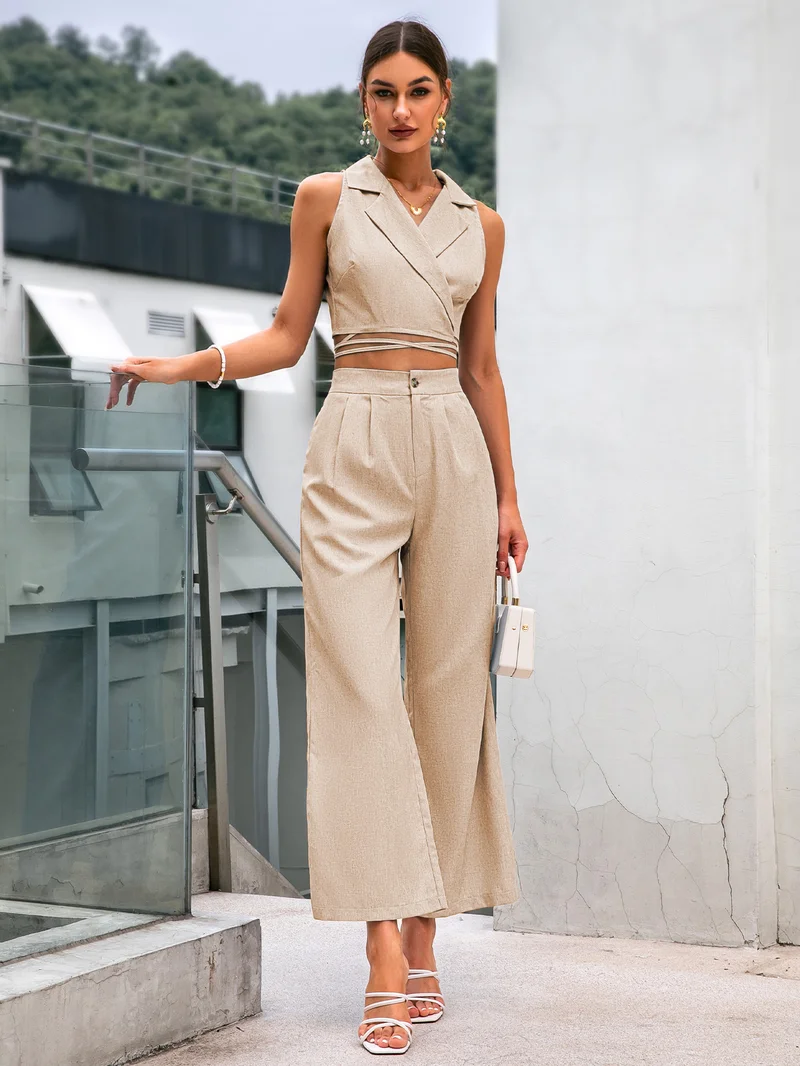 Simplee V Neck Sleeveless Cross Crop Top & High Waist Wide Leg Trousers Set, Waist Defined Modest Co-ord Set