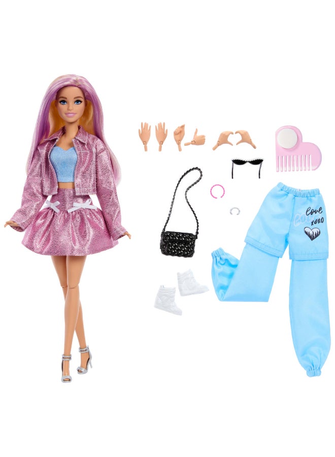 Barbie Deluxe Style Doll in Metallic Pink Barbiecore Skirt and Jacket, 4 Fashions, 4 Accessories, 4 Interchangeable Hands, 2 Shoes & Color Change Hair​​ - Image 1