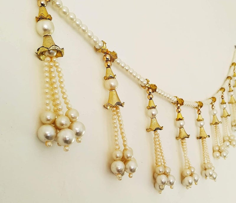 CANVASS Traditional White Gold Zula Pearl Beads Handmade Door HangingBandarwalToran for Door Traditional Bandarwal for Door 1 Meter Length Multicolour Medium - Image 1