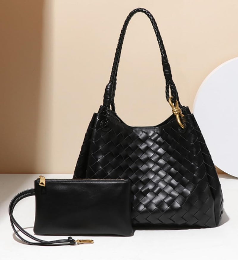 Upbull 2 Pcs Slouchy PU Leather Woven Bucket Hobo Bags Women Underarm Shoulder Crossbody Purse Top-handle Tote Handbag 2025 - Image 3