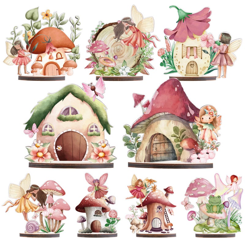 Refavor Wooden Fairy Party Decorations - 9PCS Wood Fairy Table Sign Decor Forest Baby Shower Centerpieces Flower First Birthday Decoration Supplies Enchanted Party Table Topper - Image 1