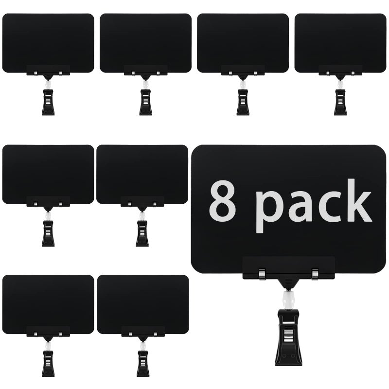 Leezead 8 Pack Rotating Clip Pop Swivel Sign Rotatable Holding Clamp Sign Holder Plastic Merchandise Sign Display Clip Holder with 2 Chalk Markers for Food Store Signs Displays black