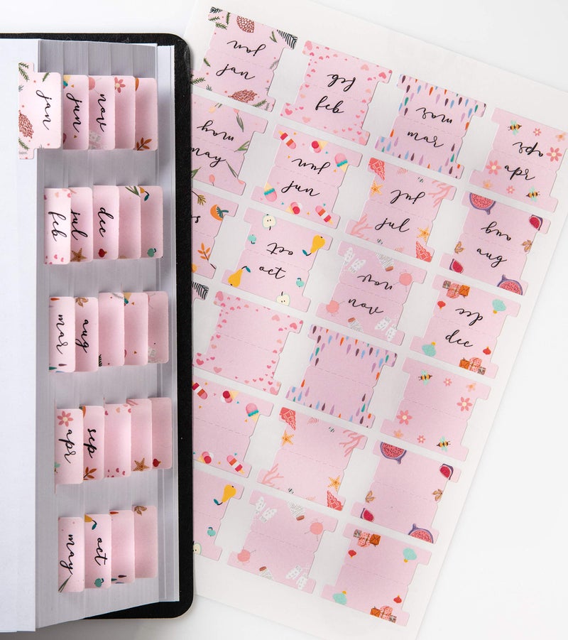 DiverseBee Laminated Planner - 24 Peel and Stick Tabs (12 Month, 12 Blank), Calendar Dividers (Rose) - Image 1