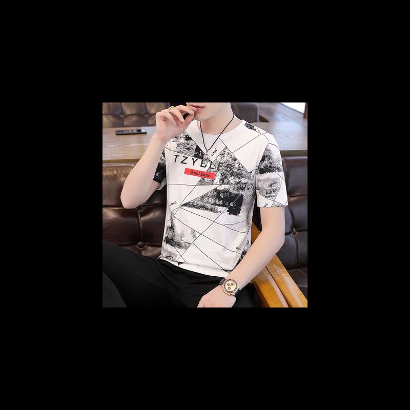 Mens Ice Silk Short Sleeve Tee 2023 Summer Fashion Slim Fit TZY White - Image 1