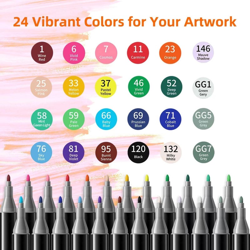 Bennort 24 Colors Alcohol Markers Sketch Pen with Carrying Case for Painting Sketching Calligraphy Drawing,Fine & Chisel Tip Art Markers Set,Permanent Colouring Marker for Kids Adult, Multicolor (24) - Image 3
