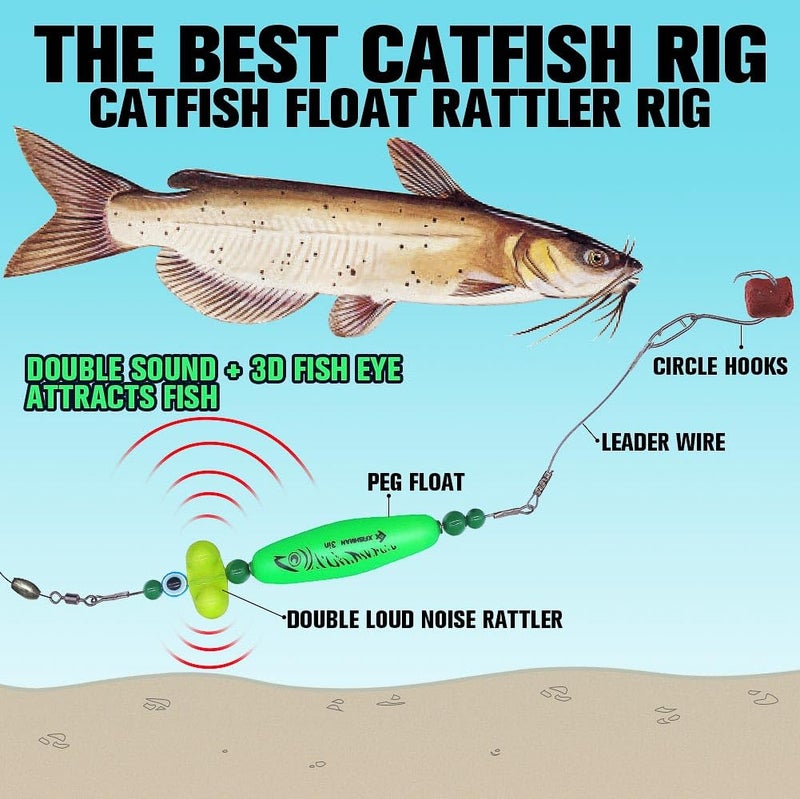 XFISHMAN Catfish-Rig-for-Bank-Fishing-Catfishing-Tackle-Floats-with-Rattler-Santee Cooper Rig Equipment(Green-2.5 inch) - Image 2