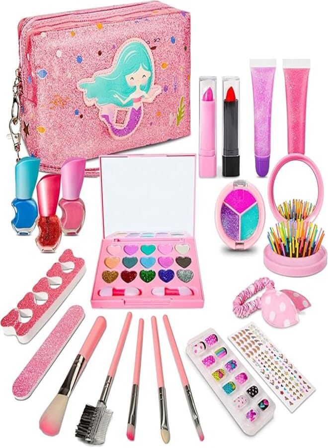 Fantastic-Kids-Toys Kids Pretend Makeup Set, 23 Pcs Little Girls Play Makeup Toys, Washable Kids Makeup Kit with Glitter Cosmetic Case, Includes All Your Princess Play and Dress Up Needs 