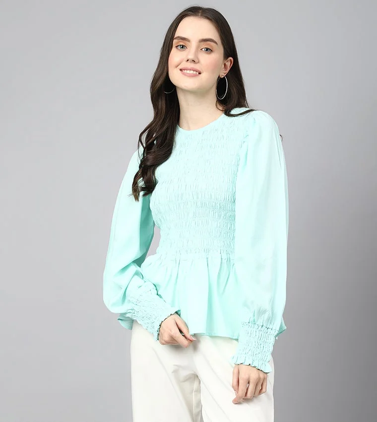 BEVERLY HILLS POLO CLUB Smocked Round Neck Long Sleeves Top
