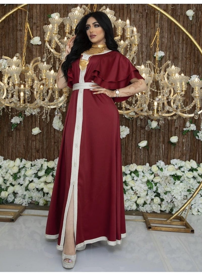 Nothing Women V Neck Half Solid Color Ruching Kaftan Red - Image 1