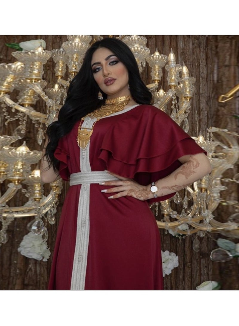 Nothing Women V Neck Half Solid Color Ruching Kaftan Red - Image 2