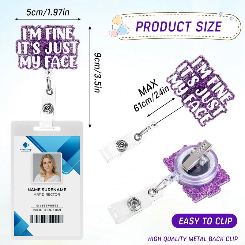 Dimeho Funny Badge Reels Retractable ID Card Holder I'm Fine It's Just My Face Name Tag Alligator Clip Heavy Duty Swivel Keychain for Nurse Student Medical Assistant Doctor Teacher Office Work Multi-use well optimized build - Image 2