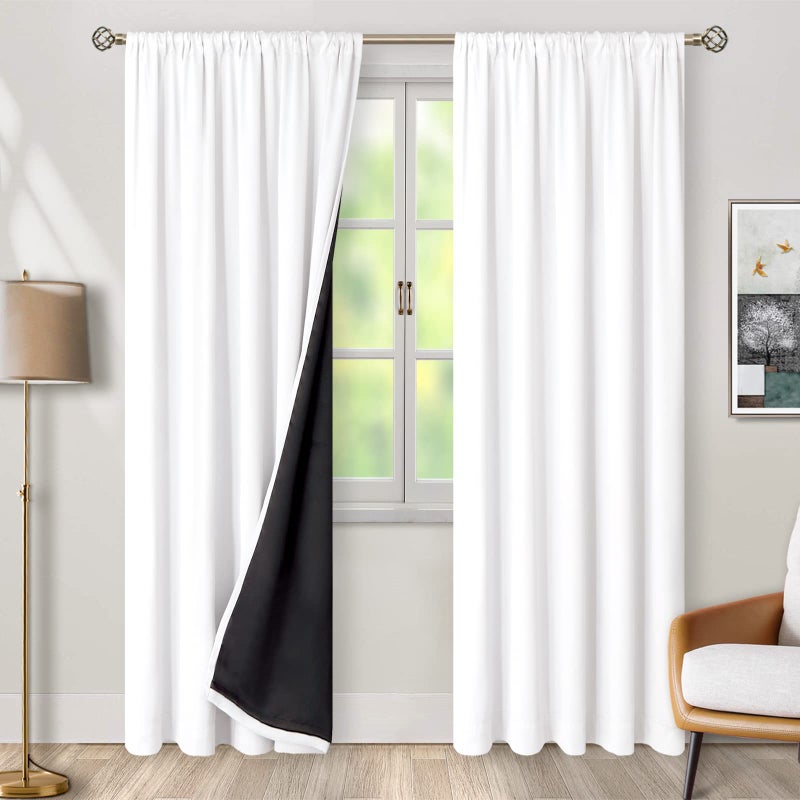 BGment 100% Blackout 80 Inch Curtains with Thermal Insulation Liner  Rod Pocket and Back Tab Double Layer Room Darkening Window Treatment Curtain for Living Room (52 x 80 Inch  2 Panels  Pure White) - Image 2