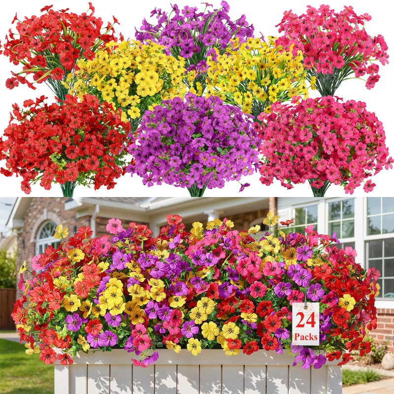 Alupssuc 24 Bundles Artificial Flowers for Outdoors Decoration, UV Resistant Silk Faux Daisy Flora Spring Fake Plastic Plants Greenery for Outside Indoor Yard Home Porch Window Box Decor, Mix 4 Colors - Image 1