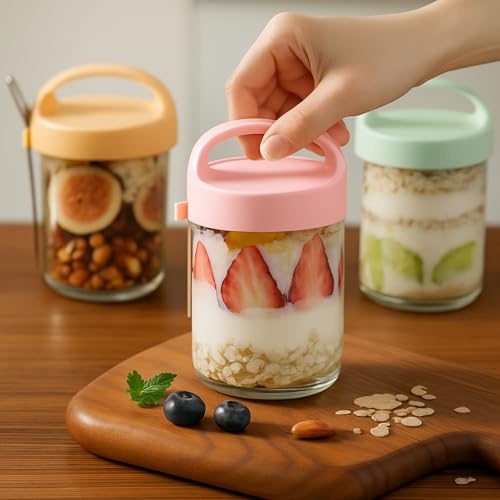 Soko Overnight Oats Glass Jar with Lid and Spoon | Portable Mason Oatmeal Container | On-The-Go Breakfast Cup | Large Kitchen Storage for Healthy Eating - Fruit, Milk, Salad, Nuts, Yogurt - Pink - Image 2