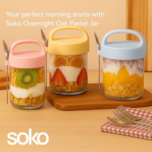 Soko Overnight Oats Glass Jar with Lid and Spoon | Portable Mason Oatmeal Container | On-The-Go Breakfast Cup | Large Kitchen Storage for Healthy Eating - Fruit, Milk, Salad, Nuts, Yogurt - Pink - Image 4