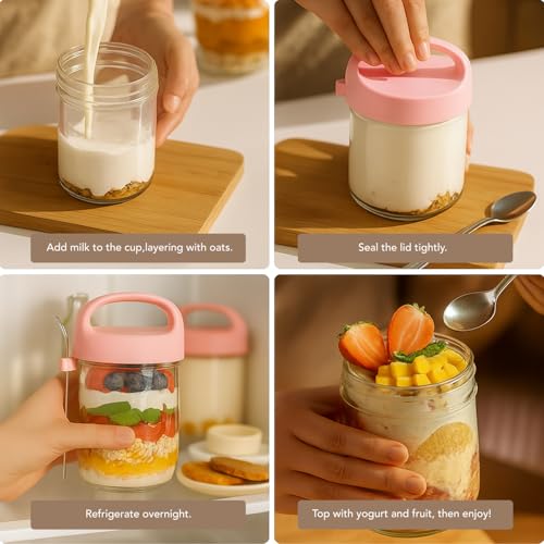 Soko Overnight Oats Glass Jar with Lid and Spoon | Portable Mason Oatmeal Container | On-The-Go Breakfast Cup | Large Kitchen Storage for Healthy Eating - Fruit, Milk, Salad, Nuts, Yogurt - Pink - Image 3