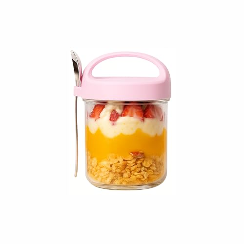 Soko Overnight Oats Glass Jar with Lid and Spoon | Portable Mason Oatmeal Container | On-The-Go Breakfast Cup | Large Kitchen Storage for Healthy Eating - Fruit, Milk, Salad, Nuts, Yogurt - Pink - Image 1