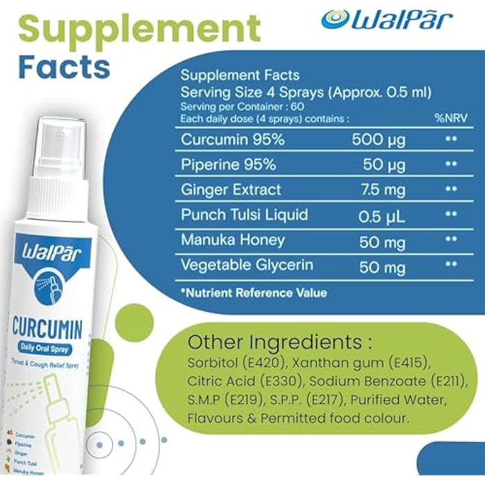 Walpar Curcumin Oral Spray - A Natural Blend with Curcumin, Piperine, Ginger Extract, Punch Tulsi, and Manuka Honey | 30ml 1 fl. oz | 60 Days Supply - Image 4