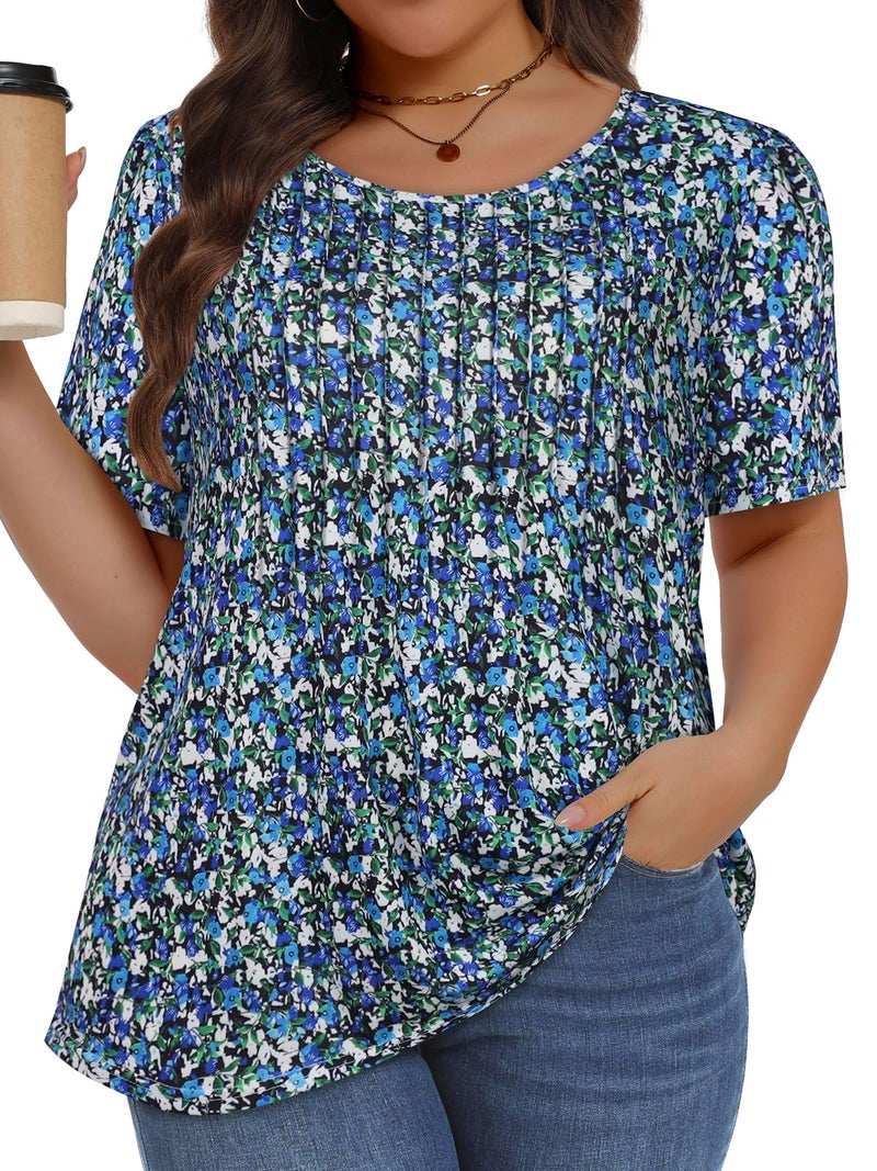 JOELLYUS Plus Size Tops for Women Pleated Summer Top Trendy Short Sleeve Shirts Casual Basic Tee Crew Neck Blouses (Blue Floral Print, 3XL) - Image 1