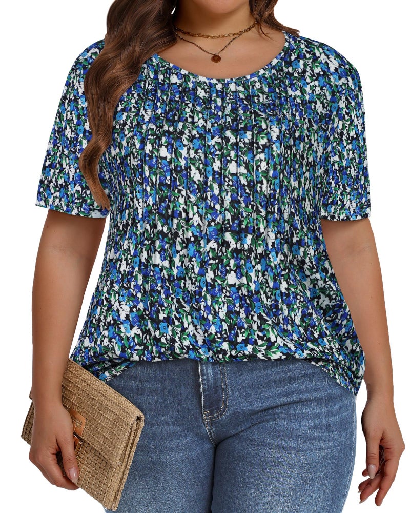 JOELLYUS Plus Size Tops for Women Pleated Summer Top Trendy Short Sleeve Shirts Casual Basic Tee Crew Neck Blouses (Blue Floral Print, 3XL) - Image 4