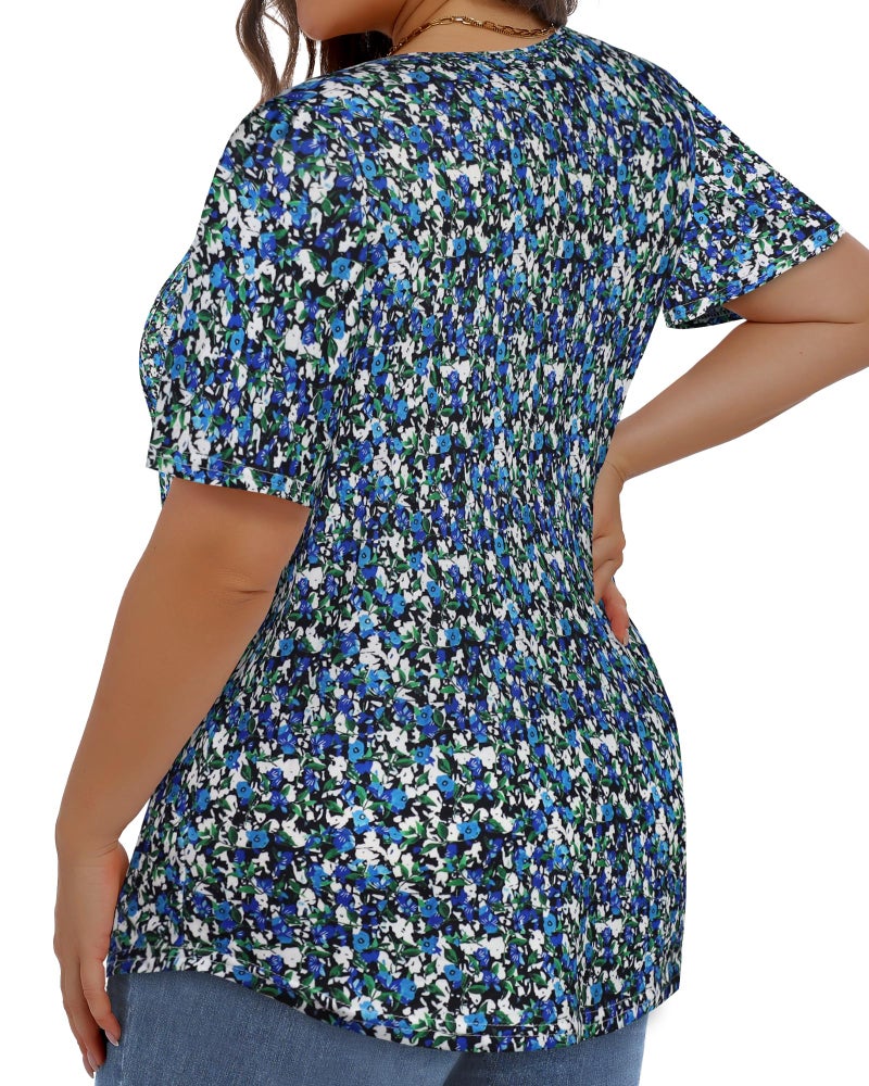 JOELLYUS Plus Size Tops for Women Pleated Summer Top Trendy Short Sleeve Shirts Casual Basic Tee Crew Neck Blouses (Blue Floral Print, 3XL) - Image 3