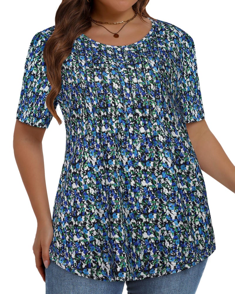 JOELLYUS Plus Size Tops for Women Pleated Summer Top Trendy Short Sleeve Shirts Casual Basic Tee Crew Neck Blouses (Blue Floral Print, 3XL) - Image 5