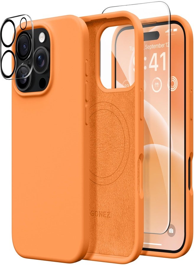 GONEZ Magnetic for iPhone 16 Pro Case, Compatible with MagSafe, [Screen Protector + Camera Lens Protector], Silicone Shockproof Anti-Scratch Protective Phone Case 6.3 inch, Orange - Image 1