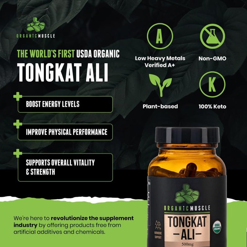 Organic Muscle Tongkat Ali for Men 500mg  Pure  Potent USDA Eurycoma Longifolia Root Supplement 60 Count  Wild Grown Mens Health Hormone Support for Male Performance Drive  Energizer - Image 2