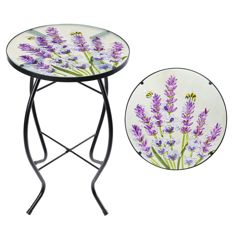 MUMTOP Outdoor End Tables for Patio, Lavender Small Round Side Table, Glass Accent Table for Outside, Garden, Balcony, Porch, Indoor Home Decor - Image 1