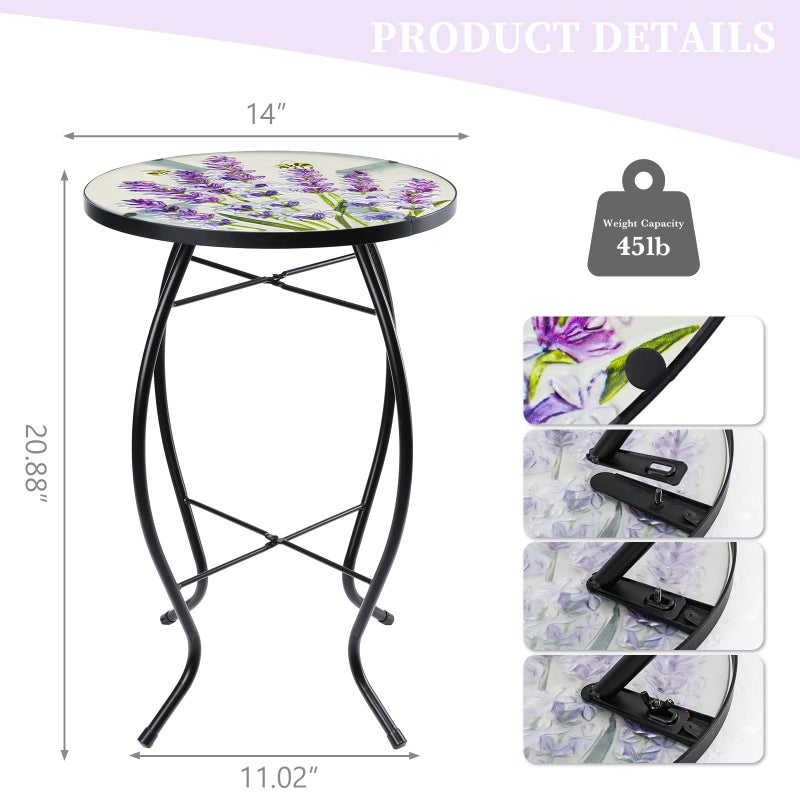 MUMTOP Outdoor End Tables for Patio, Lavender Small Round Side Table, Glass Accent Table for Outside, Garden, Balcony, Porch, Indoor Home Decor - Image 2