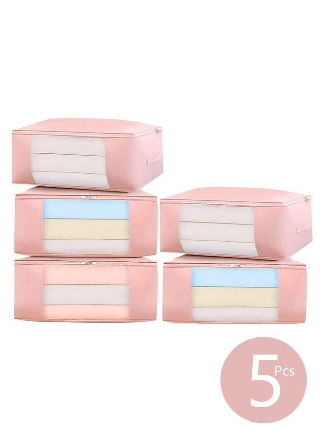 Bukela 70×50cm Large Storage Bags, 5 Pack Clothes Storage Bins Foldable Closet Organizers Storage Containers with Durable Handles Thick Fabric for Blanket Comforter Clothing Bedding 90L (Pink) - Image 1