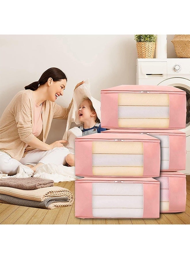 Bukela 70×50cm Large Storage Bags, 5 Pack Clothes Storage Bins Foldable Closet Organizers Storage Containers with Durable Handles Thick Fabric for Blanket Comforter Clothing Bedding 90L (Pink) - Image 3