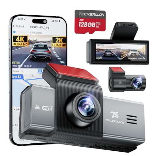 TECXERLLON 4K Dash Cam Front and Rear with ADAS Assist, Free 128GB Card Included, Built-in GPS & 5G WiFi, G-Sensor, Dash Camera with No-Light Night Vision,170°/150° Wide View, 24H Parking Mode - Image 2