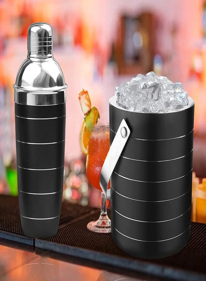 MARQUEONN Black Ring Bar Set for Drink/Gift, Double Wall - Ice Bucket with Tong, Peg Measurer & Cocktail Shaker (1.5 Liter, Black Ring) - Image 1