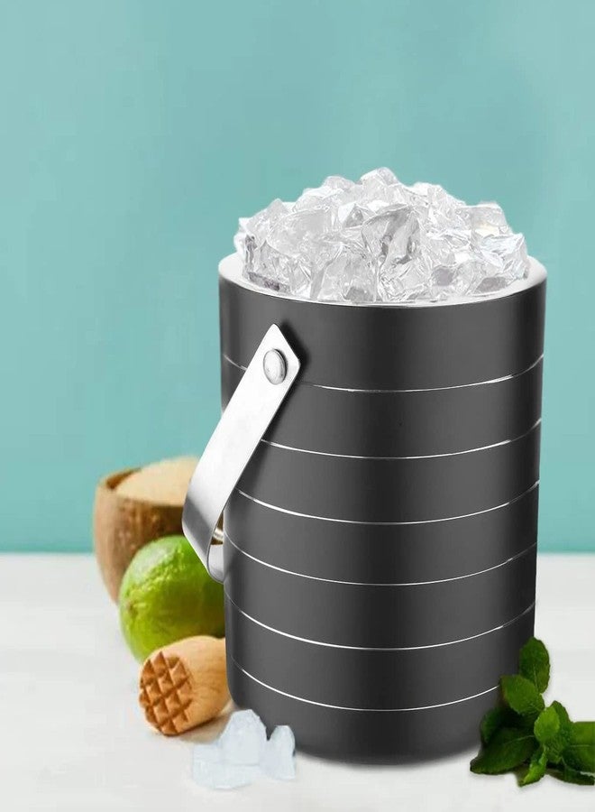 MARQUEONN Black Ring Bar Set for Drink/Gift, Double Wall - Ice Bucket with Tong, Peg Measurer & Cocktail Shaker (1.5 Liter, Black Ring) - Image 2