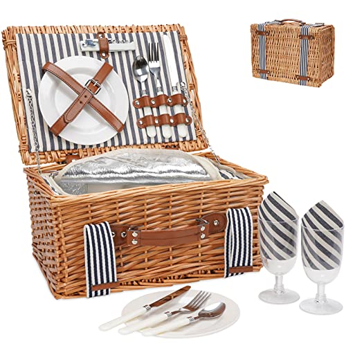 Picnic Basket for 2 PersonsHandmade Wicker Picnic Baskets Set with Insulated Cooler Cutlery Kit Gift Basket for CouplesValentine Day Thanks Giving Birthday Wedding Outdoor Party