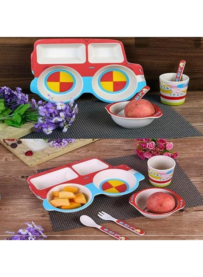 Bus Divided Dinner Plate and Bamboo Fiber Weaning Set with BPA Free Plastic Spoon, Fork and Knife, Eco-Friendly Flatware Set Including Bowl for Indoor and Outdoor Eating Green  - Image 5