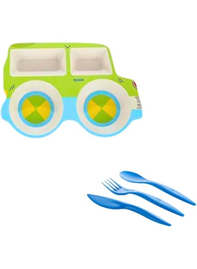 Bus Divided Dinner Plate and Bamboo Fiber Weaning Set with BPA Free Plastic Spoon, Fork and Knife, Eco-Friendly Flatware Set Including Bowl for Indoor and Outdoor Eating Green  - Image 1